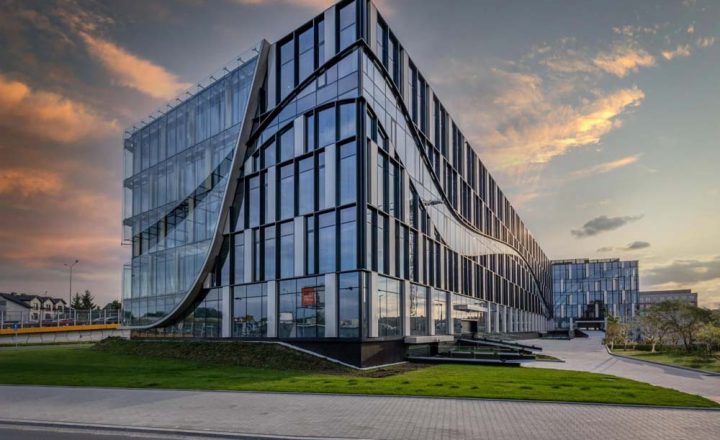 A modern building designed with glass all over for the windows and doors